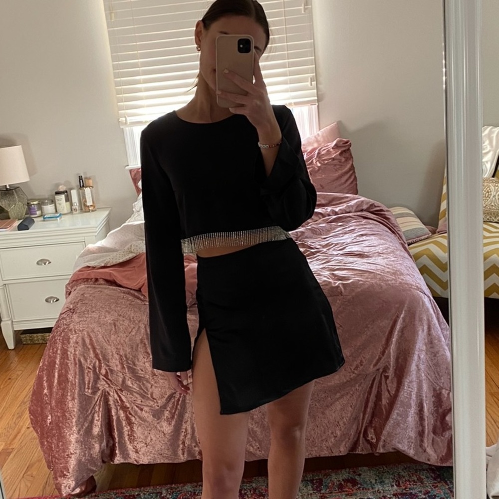 Dynamite Black Satin Fringe Top and Mini Skirt Set
